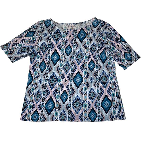 Chicos Top Women’s Size 1 US 8 Short Sleeve Tee Shirt Aztec Cotton - Picture 3 of 7